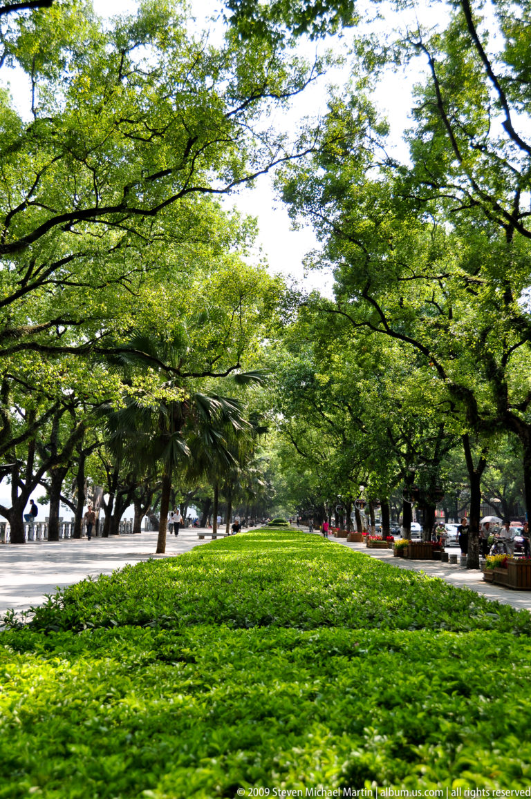 Tree-lined landscaped promenade beside the water in Guilin with a long green median and shaded walkways.