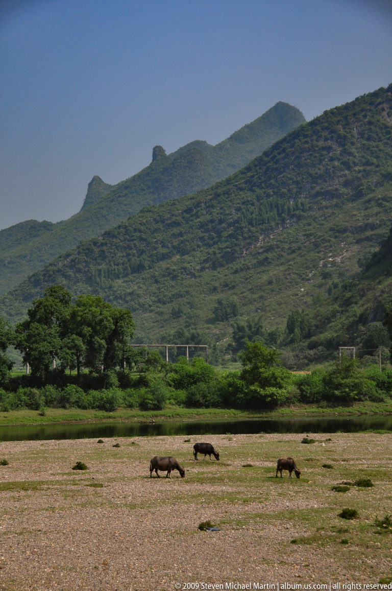 Green karst hillside in the Guilin countryside with dense vegetation and a slender bridge crossing the lower slope.