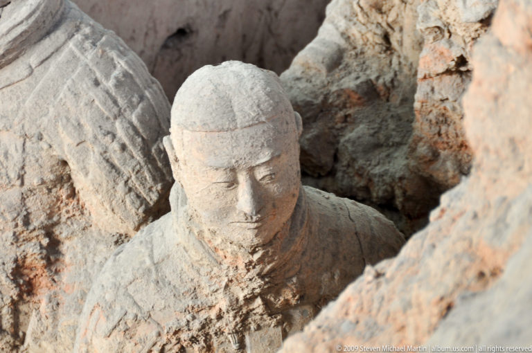 Head and upper torso of a partially buried terracotta warrior emerging from compacted earth.