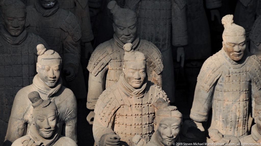 Mixed group of armored and robed terracotta infantry warriors at the Mausoleum of the First Qin Emperor near Xi’an.