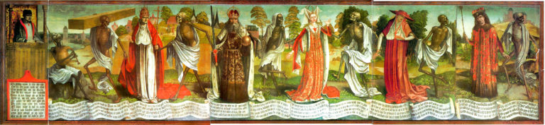 Painted procession of medieval figures in colorful robes, including mitred clerics, arranged above a pale patterned lower border.