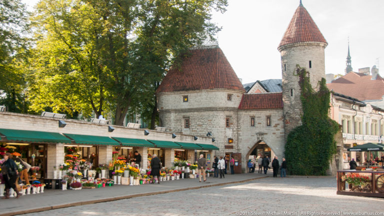 Viru Gate towers behind flower stalls with green awnings, colorful blooms, pedestrians, and ivy-covered stone walls.