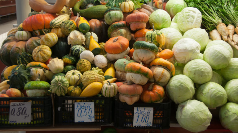Colorful squash, pumpkins, gourds, cabbages, and root vegetables piled in crates with handwritten prices.