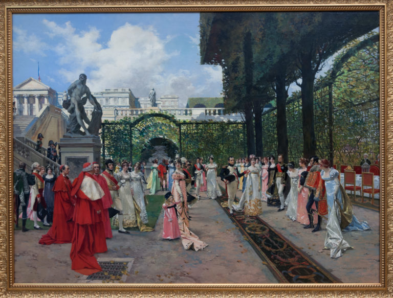 Large painting of formally dressed figures processing through a palace garden beside hedges and statuary.