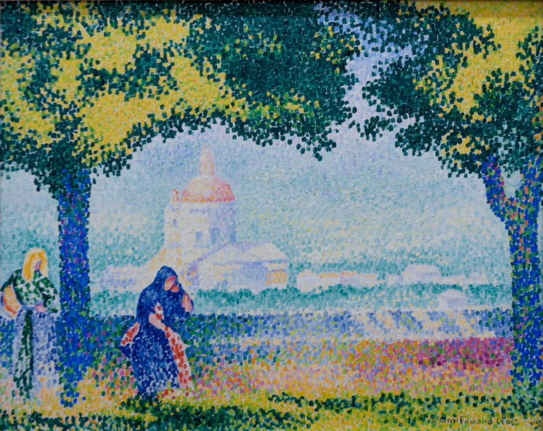 Henri-Edmond Cross’s 1909 Pointillist view of Santa Maria degli Angeli near Assisi, with two women beneath trees facing the pale domed church.