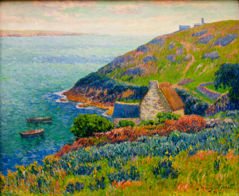 Colorful coastal landscape with stone cottages, a steep flowered headland, and a small boat on the sea.