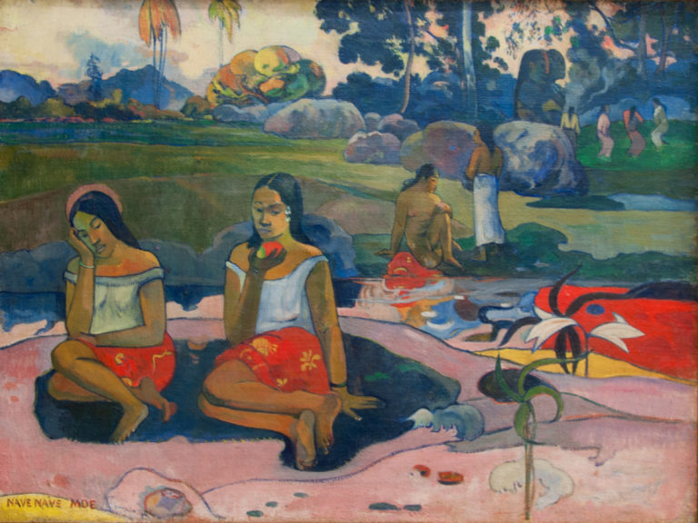 Paul Gauguin’s Nave Nave Moe, with two seated Tahitian women in a flattened tropical landscape with other figures and animals.