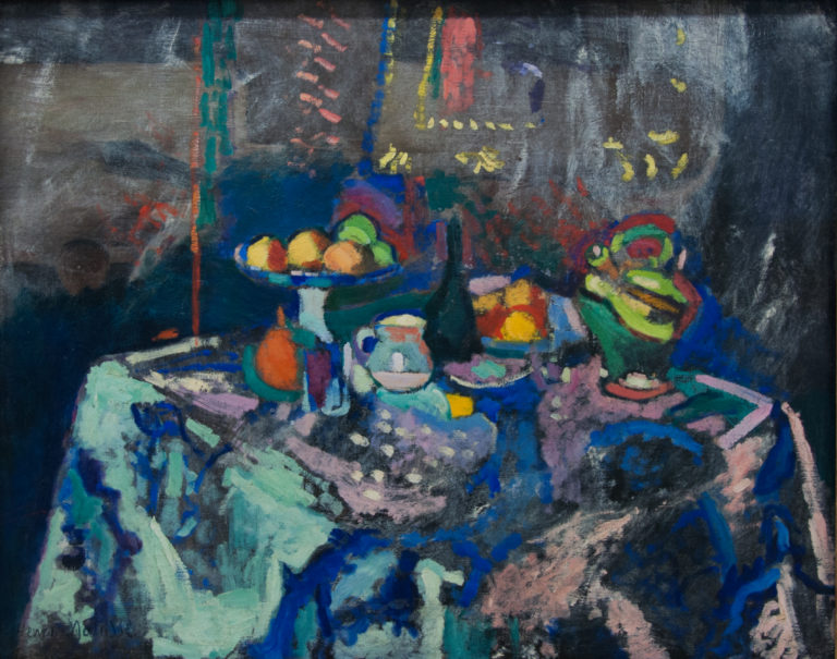 Dark still life with bowls, fruit, and tableware painted in saturated blue, green, orange, and violet.