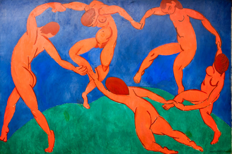 Henri Matisse’s Dance, with five red nude figures holding hands in a circle across a green hill beneath deep blue.