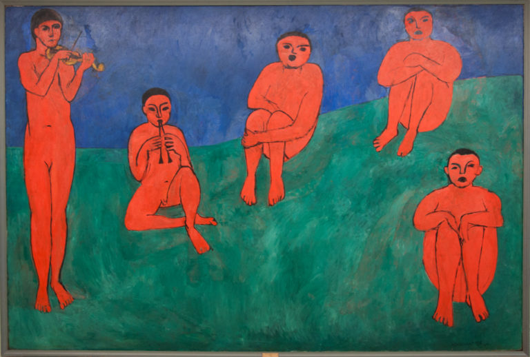 Henri Matisse’s Music, with five red figures spaced across green ground beneath blue, including seated figures making music.