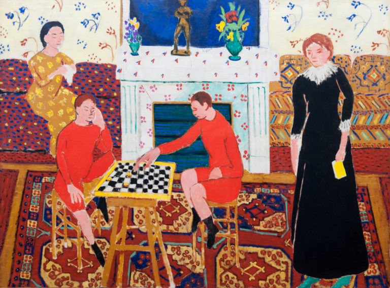Henri Matisse’s Family Portrait, with family members around a checkerboard table amid patterned carpets, textiles, and a fireplace.