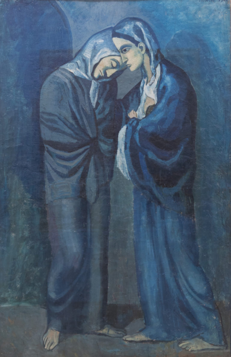 Pablo Picasso’s The Visit (Two Sisters), with two bowed women in heavy blue garments meeting against a spare blue setting.