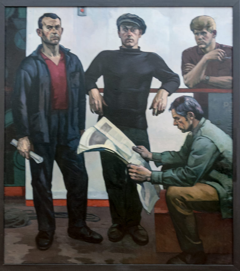 Painting of several male workers standing and sitting together while one man reads a newspaper.