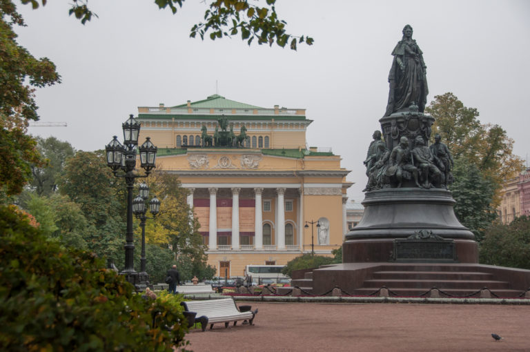 Monument to Catherine II in Ostrovsky Square with the yellow-and-white Alexandrinsky Theatre behind.