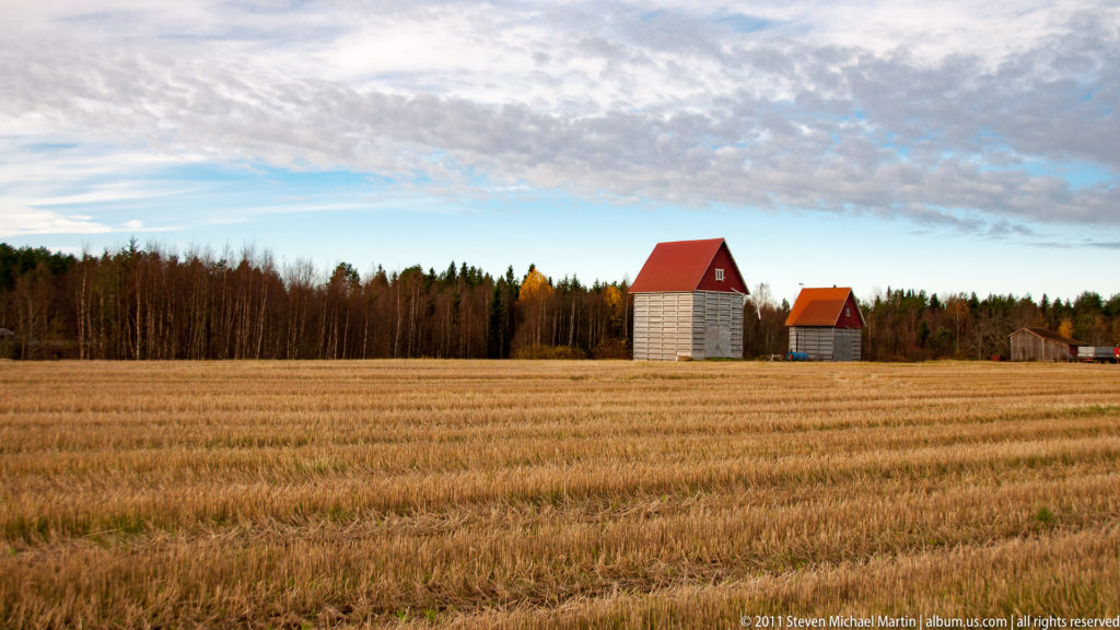Harvested field with two pale wooden farm outbuildings with red roofs beside a forest under a clouded autumn sky.