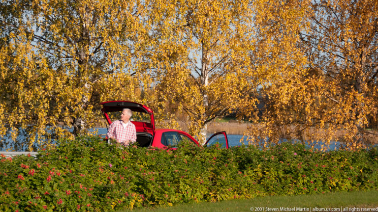 Person beside an open red hatchback behind a berry-covered hedge and yellow autumn trees, with water visible beyond.
