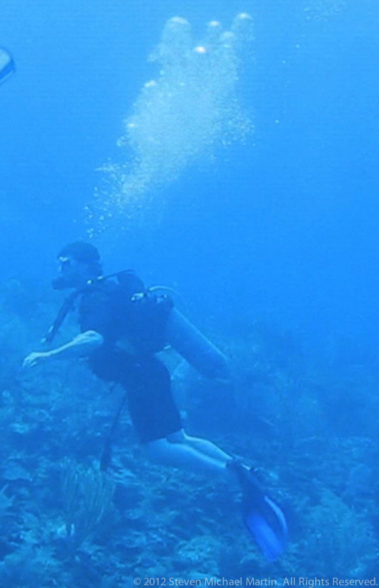 Two scuba divers swim side by side above the reef in clear blue water.