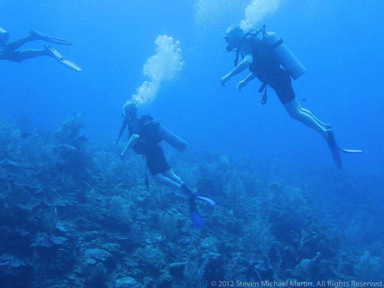 Two scuba divers swim above a coral reef at different depths, with bubbles rising through blue water.