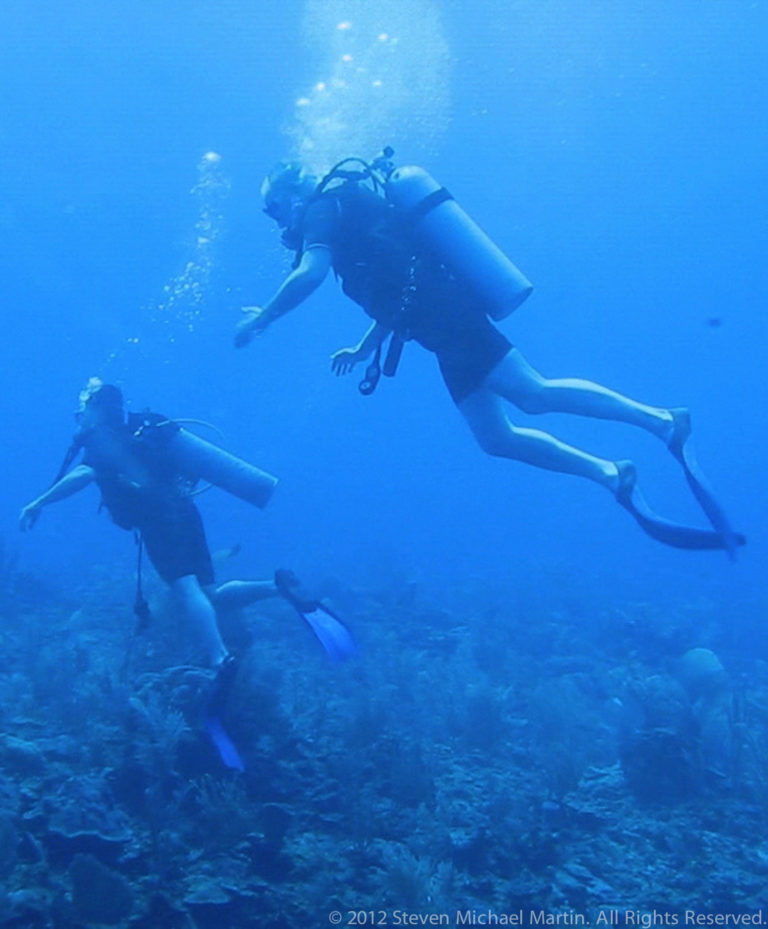 Two scuba divers glide horizontally above a reef, one close to the camera and one farther below.