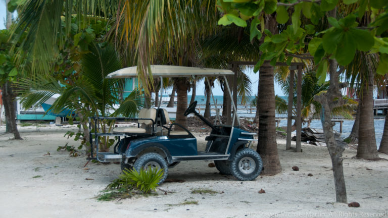 Dark golf cart parked on sand beneath coconut palms, with turquoise sea visible through the trees.