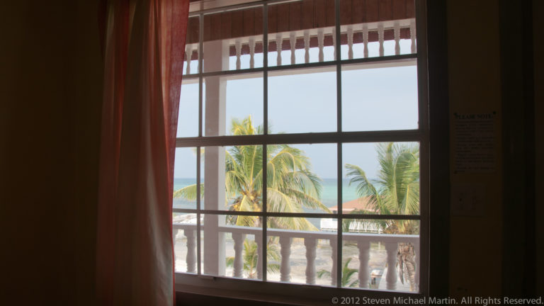 Coconut palms and turquoise sea seen through a multi-pane window with curtains and a white balcony railing.