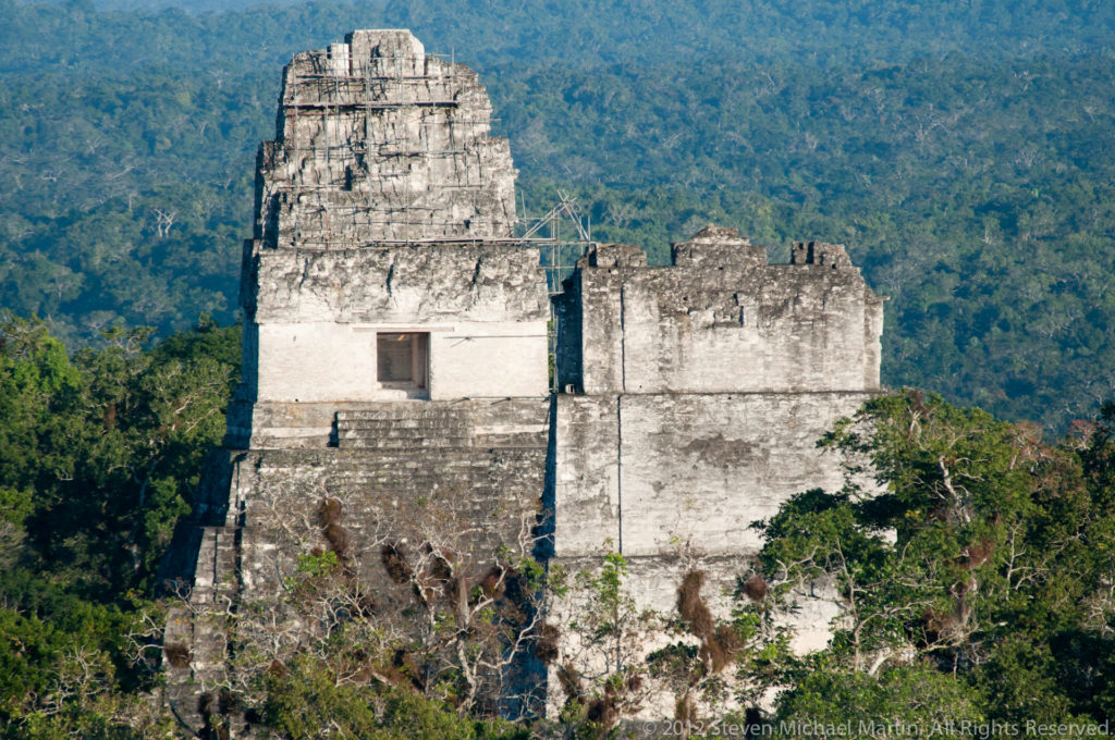Telephoto view of a pale Maya temple roof comb and summit sanctuary rising above dense forest at Tikal.