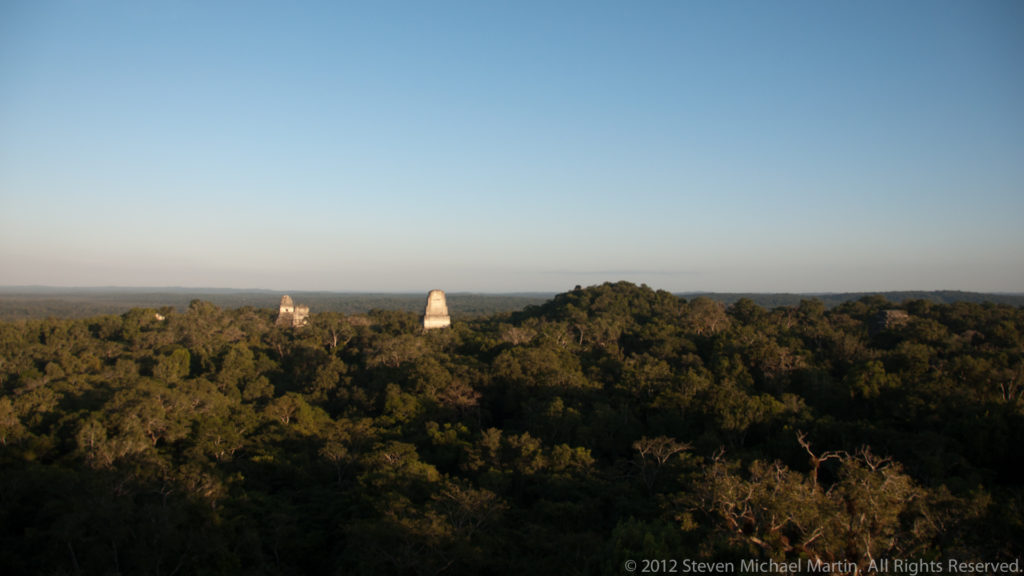 Wide elevated view of two temple towers rising above a continuous rainforest canopy under a clear evening sky at Tikal.