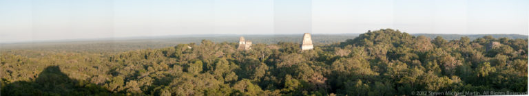 Soft-focus distant view of two Tikal temple summits emerging above a wide rainforest canopy.