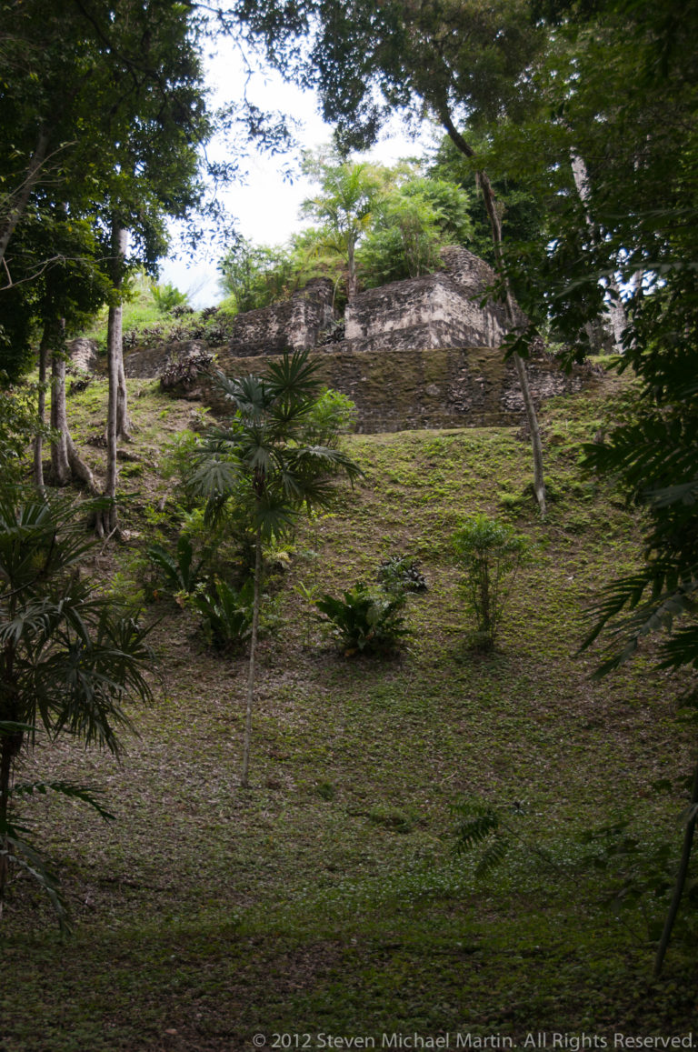 Low partially exposed Maya stone platform beneath trees in a shaded forest clearing at Yaxha.