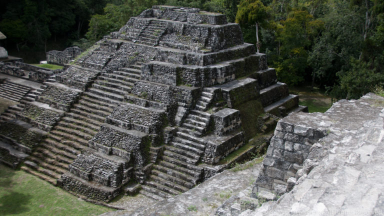 High-angle view of a large terraced Maya pyramid with broad stairways and stepped platforms beside dense forest.