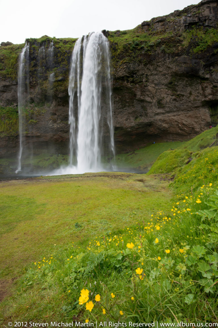 A small waterfall crosses a dark cliff above a green meadow dotted with yellow flowers.