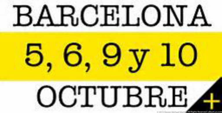 Printed sign reading “Barcelona” and listing the dates 5, 6, 9, and 10 October.