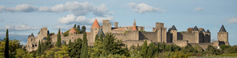 Carcassonne’s fortified skyline rises above dense trees, with many towers, crenellated walls, and mixed conical roofs.