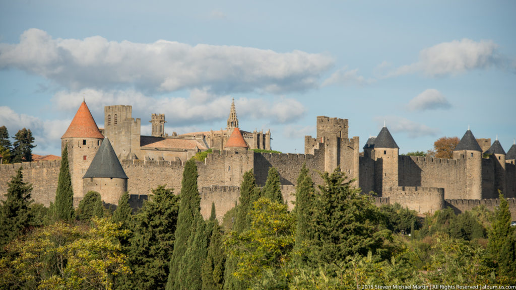 Wide Carcassonne skyline with stone walls, numerous roofed towers, basilica roofline, and dense trees in the foreground.