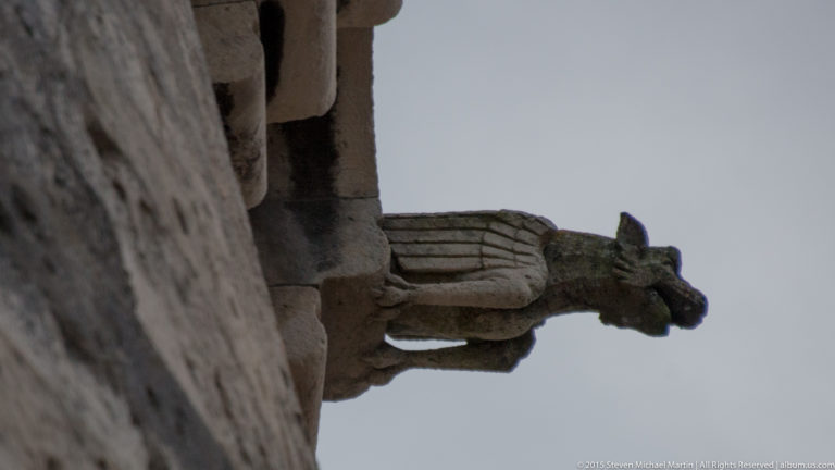 Weathered animal-form stone waterspout projecting horizontally from a historic masonry wall against a gray sky.