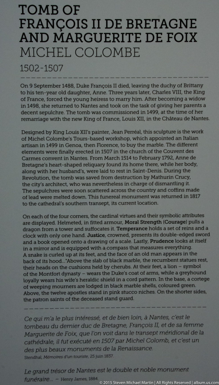 Museum-style interpretive panel titled for the tomb of Francis II, Duke of Brittany, and Marguerite de Foix.
