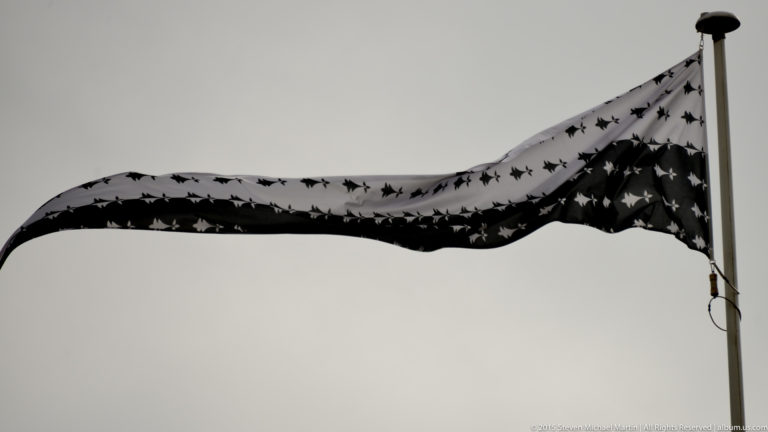 Black-and-white Breton Gwenn-ha-du flag with ermine spots and horizontal stripes blowing strongly against a pale sky.
