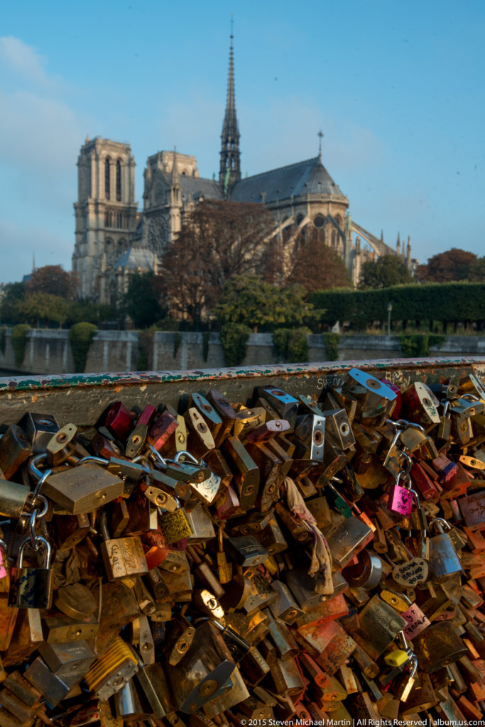 Dense cluster of padlocks on a riverside railing with Notre-Dame de Paris visible across the Seine.