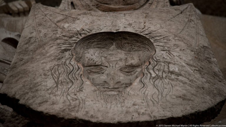 Carved face of Christ on Saint Veronica’s veil in Subirachs’s Passion-façade sculpture at the Sagrada Família.