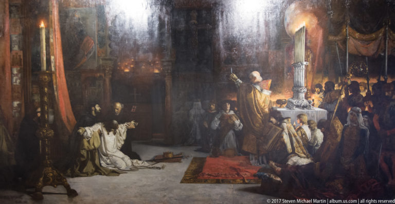 Large dark-toned historical painting of clergy and worshippers gathered around a brightly lit altar inside a church.