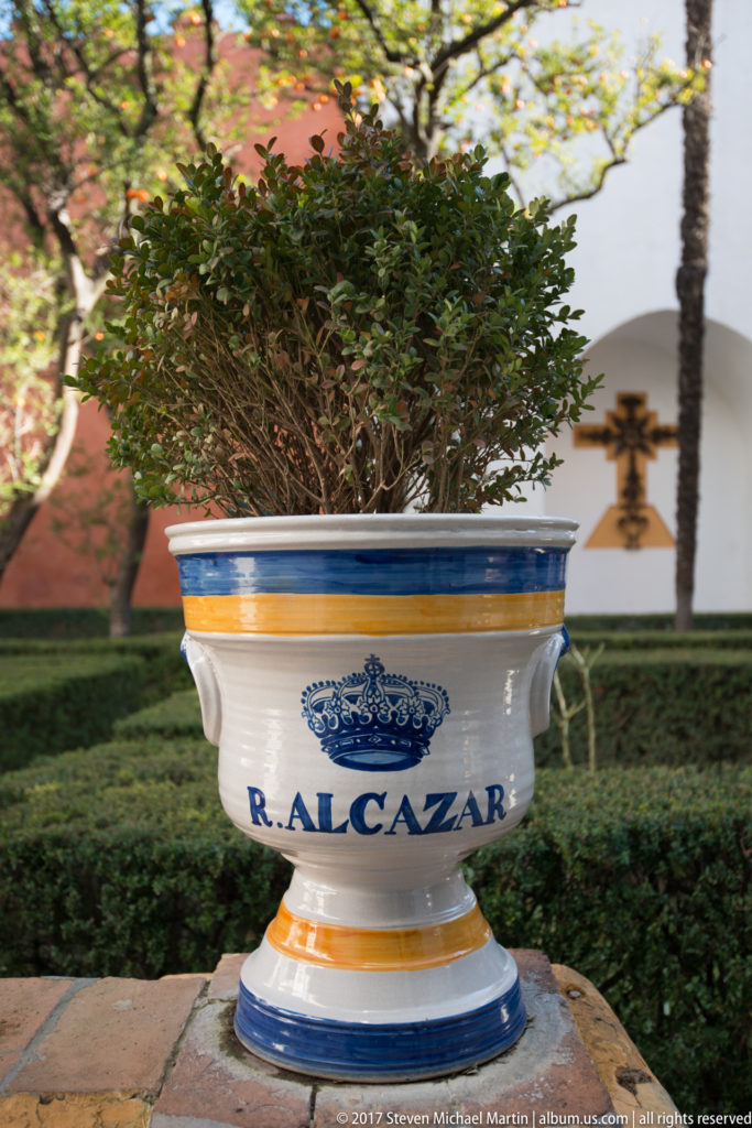 White and blue ceramic garden planter labeled “R. ALCAZAR,” holding a clipped shrub amid hedges and palm trees.