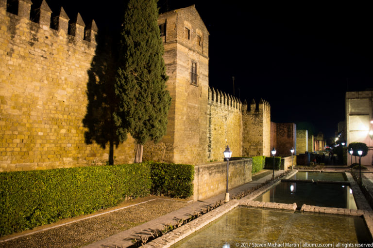 Reflecting pool beside the crenellated Alcázar wall, with a square tower and tall cypress illuminated at night.