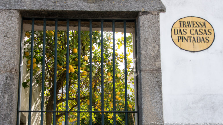 Travessa das Casas Pintadas street plaque beside a barred granite opening with a fruiting citrus tree behind it.