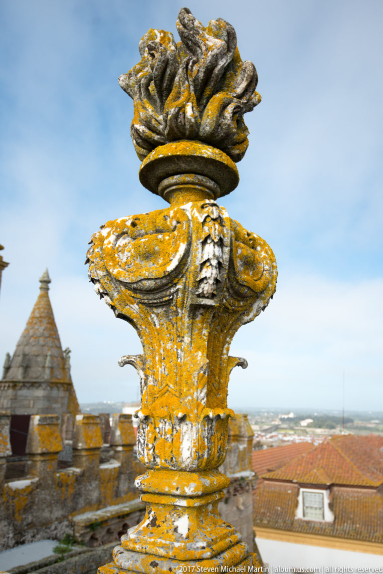 Lichen-covered carved stone rooftop finial with a flame-like crown, set against cathedral crenellations and distant roofs.