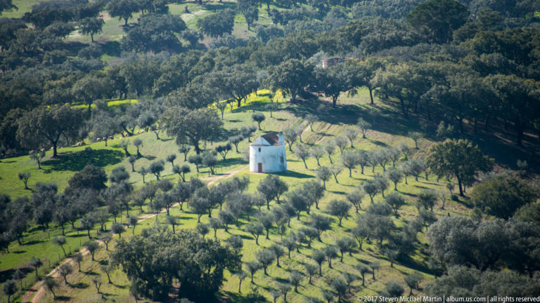 Small white building surrounded by scattered cork oaks and bright green pasture in the Alentejo countryside.