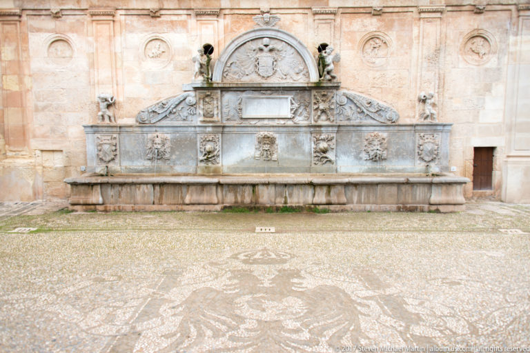 Wide Renaissance wall fountain with carved stone reliefs, heraldic ornament, and a long rectangular basin against a pale masonry wall.