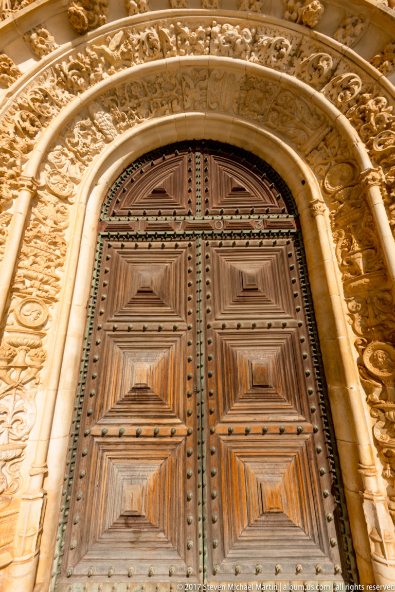 Paneled wooden double doors with iron studs set inside a rounded portal covered by dense carved stone bands and floral ornament.