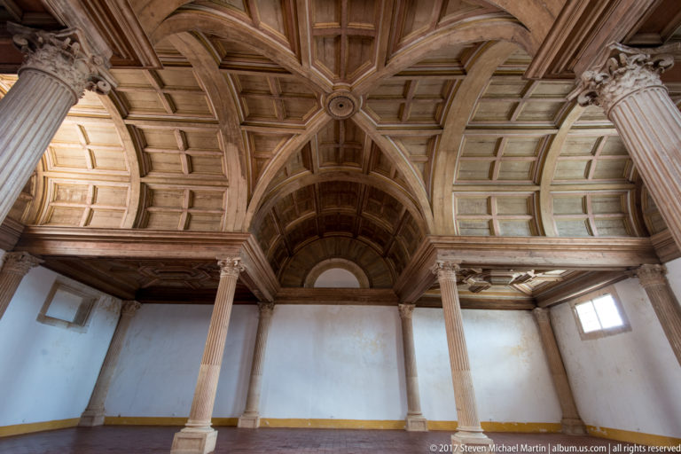 High timber coffered ceiling with intersecting ribs and central boss, supported by slender fluted columns.