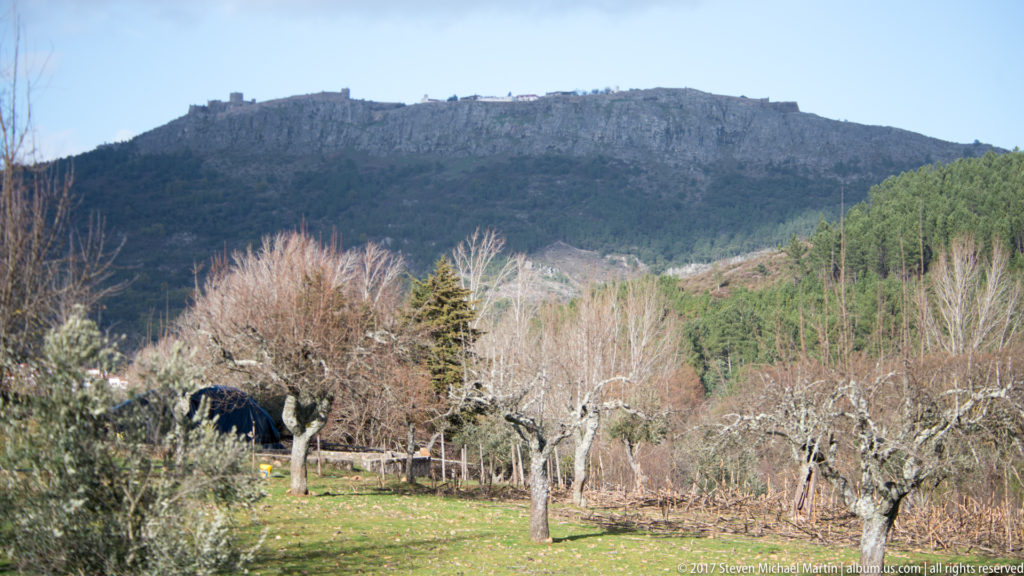 Bare orchard trees stand below the long rocky ridge of fortified Marvão under a clear sky.