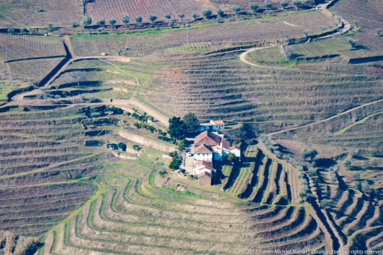 Red-roofed farm complex encircled by tightly curved vineyard terraces and access roads.